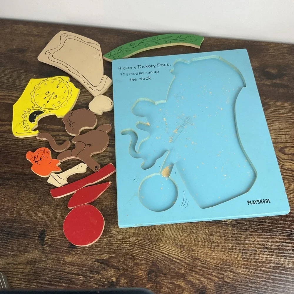 Vintage Playskool Hickory‎ Dickory Dock Nursery Rhyme Wooden Puzzle Tray 6 44B